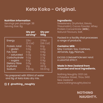 Nutrition information and ingredients list for Keto Koko Original on a brown background.