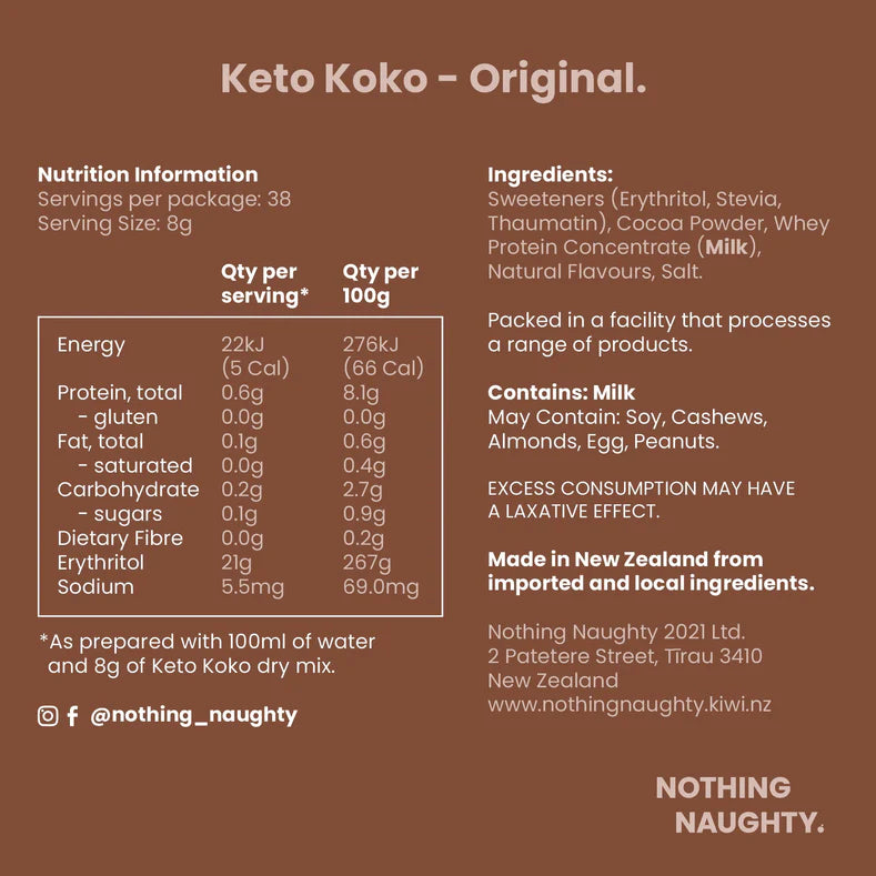 Nutrition information and ingredients list for Keto Koko Original on a brown background.