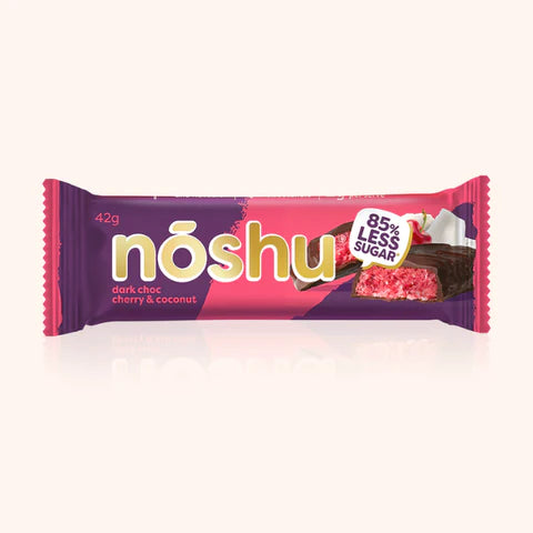Noshu dark chocolate cherry & coconut bar packaging on a white background