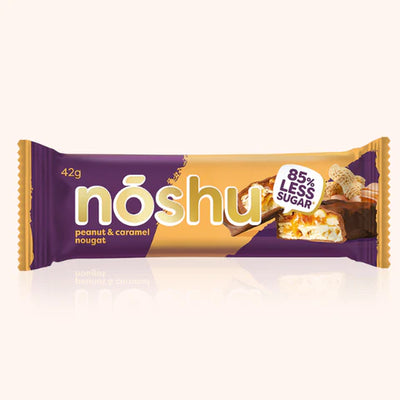 Individual Noshu peanut & caramel nougat bar packaging on a white background