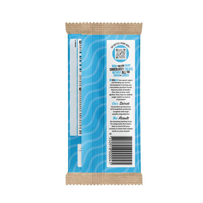 Blue chocolate bar packaging with text and a barcode on a white background