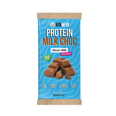 Vitawerks Protein Milk Choc bar packaging on a white background